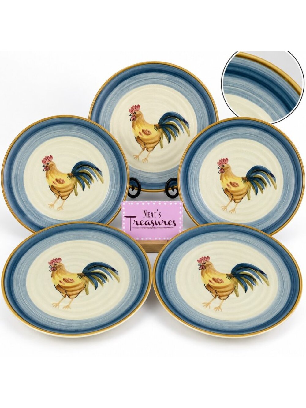 Gibson OCEAN DREAM ROOSTER French Country Cottagecore Ceramic Dinner Plate Set 5
